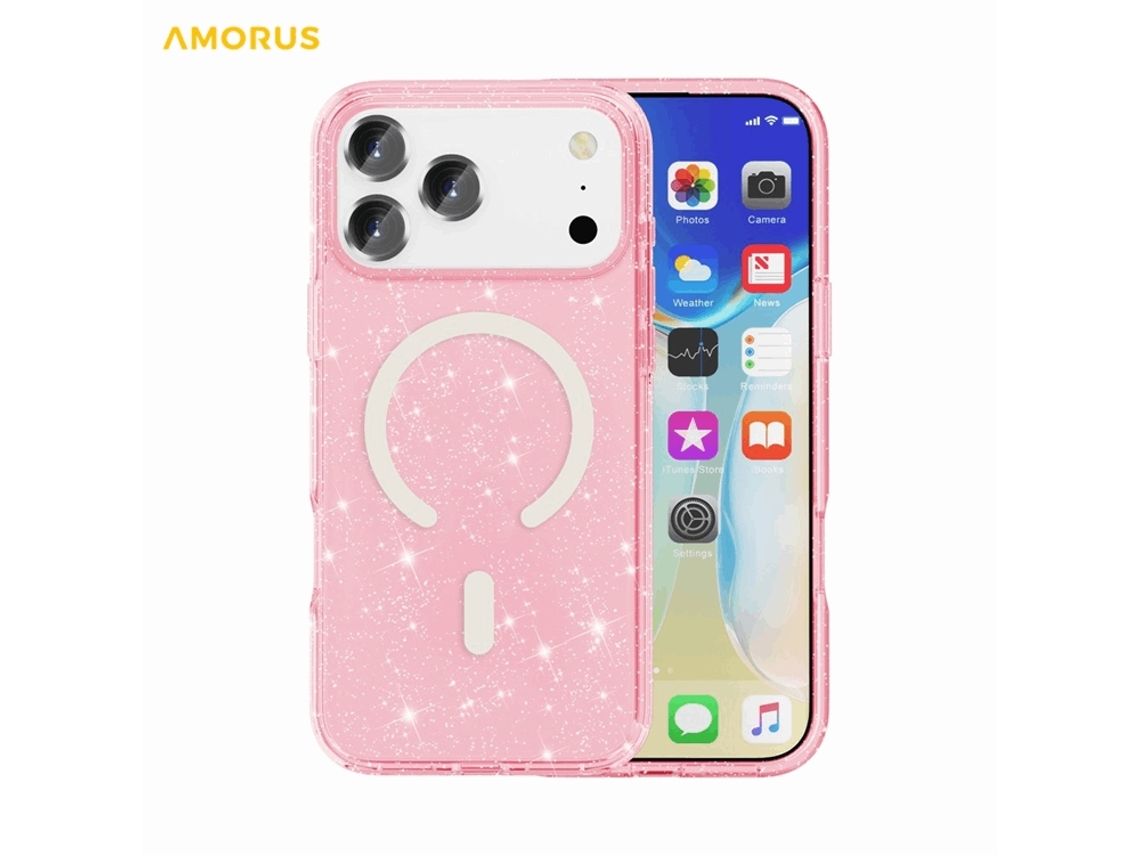 Capa Amorus Para Iphone 17 Pro Max Com Magsafe, Glitter Powder, Pc Tpu - Rosa