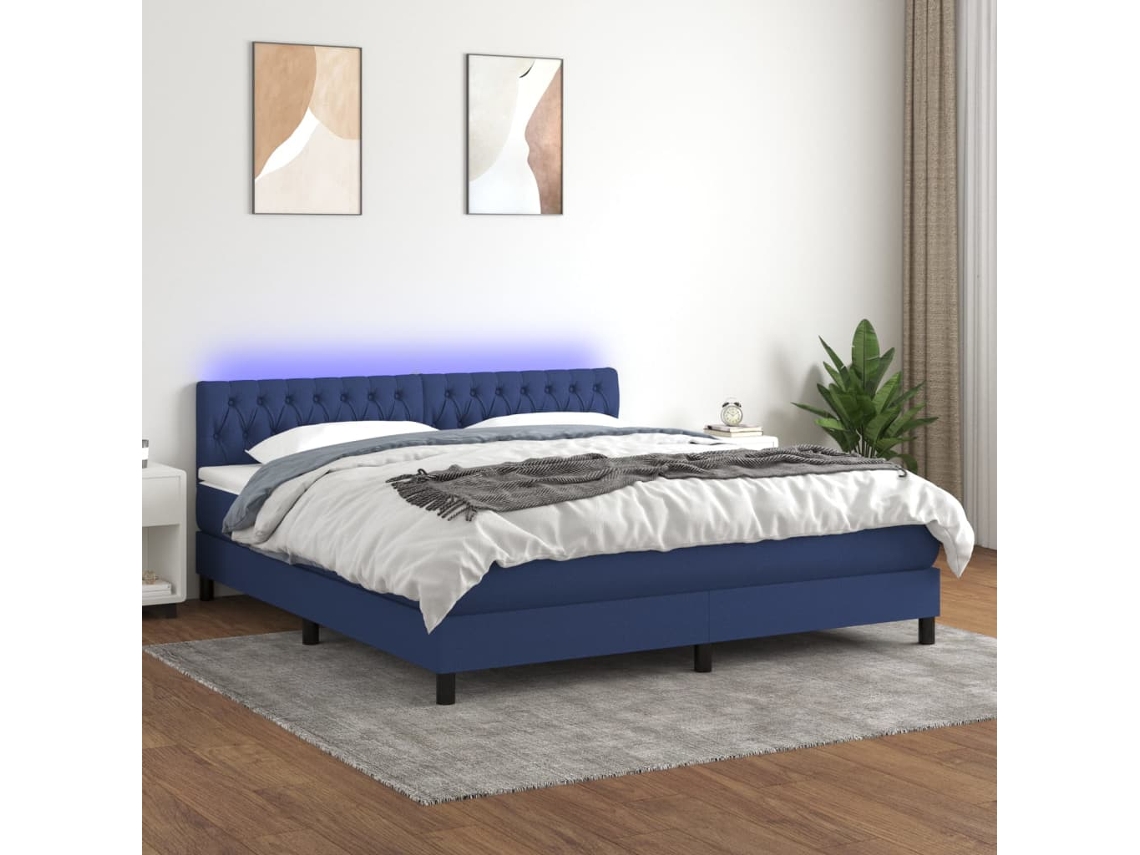 Vidaxl Cama Box Spring C/ Colchão E Led 160x200 Cm Tecido Azul