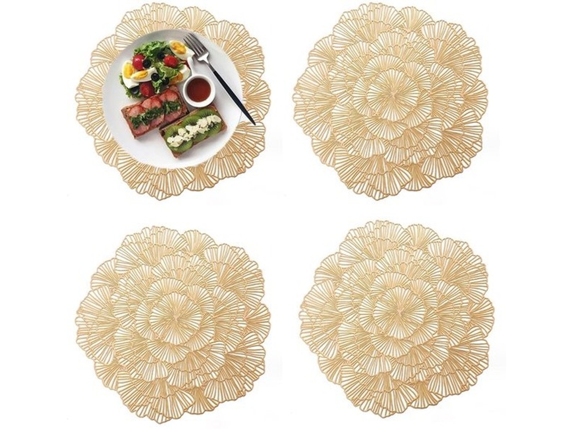 Placema De Tábua Redonda Isolante - 4 Unidades - Pvc - Decoração De Mesa - Isolante Térmica - Ouro - 38x38 Cm - Placema De Mesa