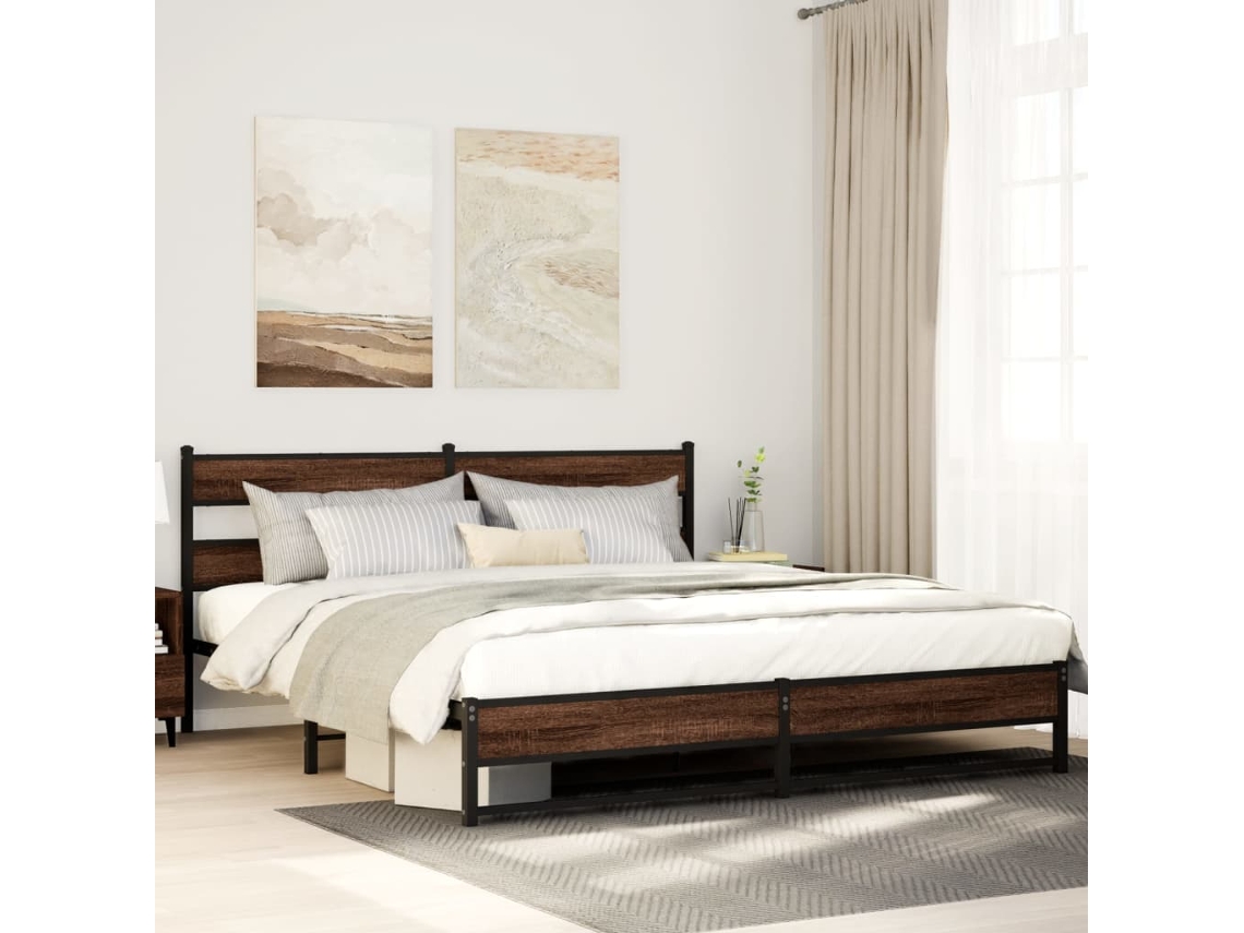 Estrutura Cama Sem Colchão 183x213 Cm Metal Carvalho Castanho