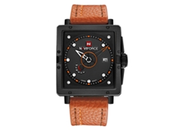 Relógio masculino Naviforce, aço inoxidável, à prova d'água, pulseira de PU marrom claro