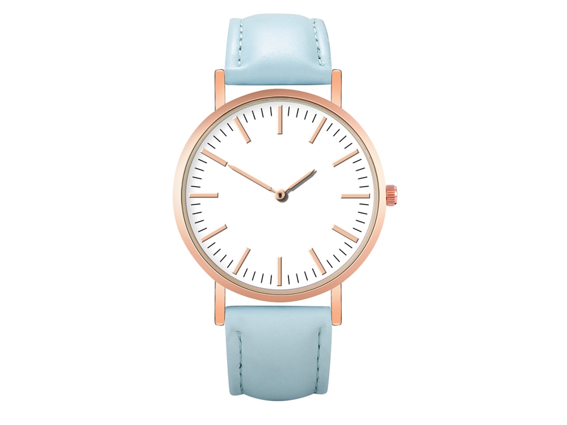 Relógio de pulso feminino de quartzo com pulseira de PU e mostrador redondo azul claro.