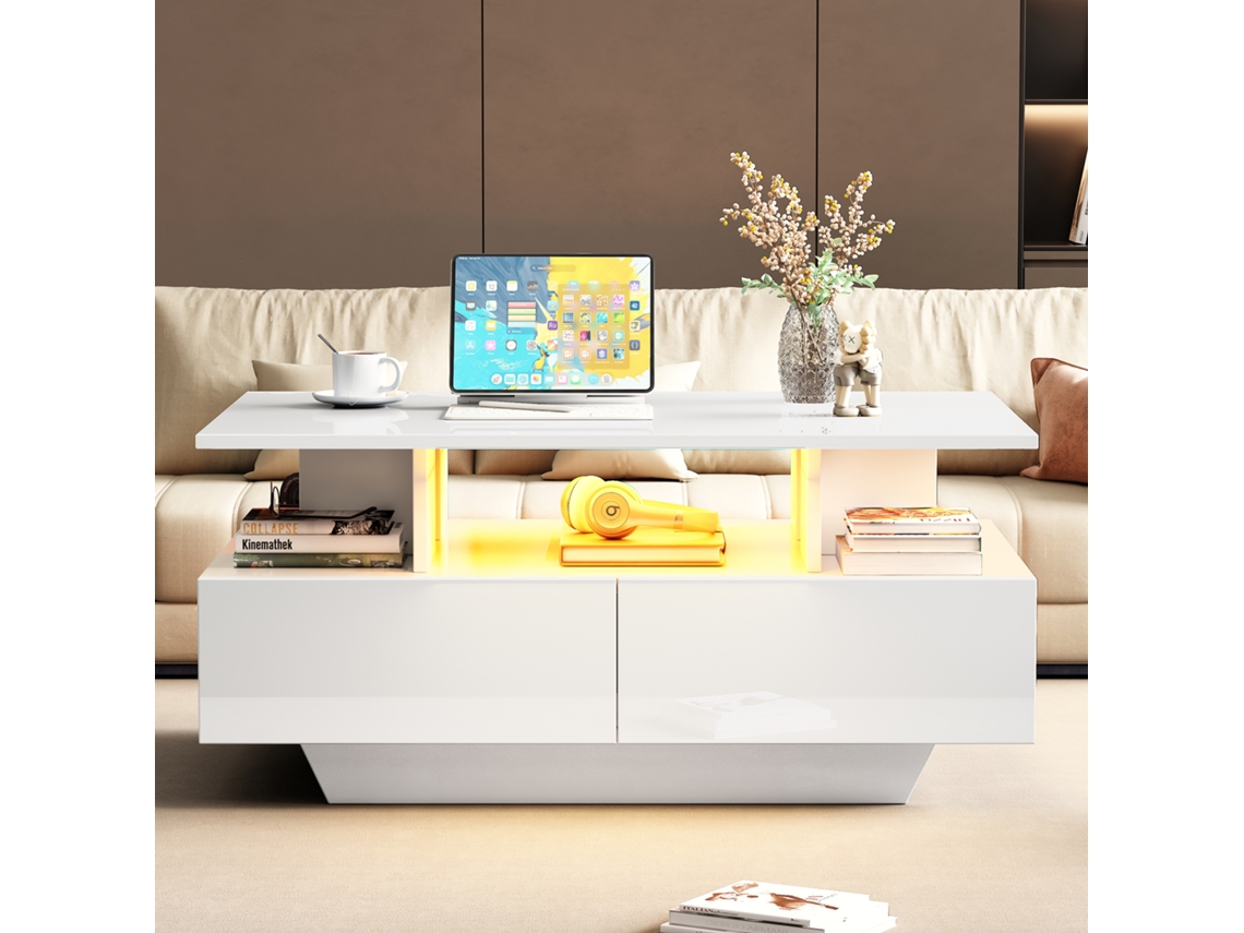 Mesa De Centro Moderna Com Led E 2 Gavetas Mesa Lateral Estilosa 90x55x41cm Com Armazenamento,suporta Até 30 Kg Branca Mega Echo Trade Shop