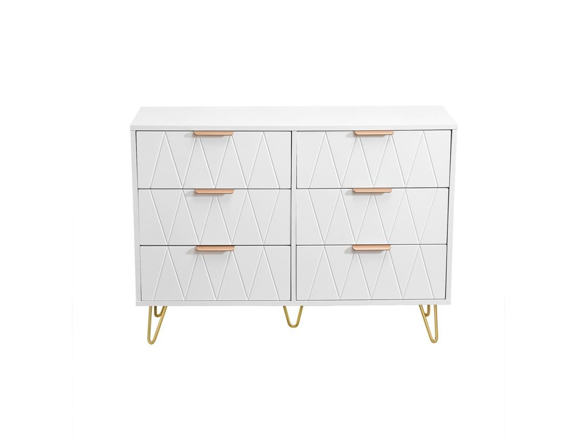 Cômoda Branca Com 6 Gavetas E Frente Em Relevo Diamante Móvel De Armazenamento Moderno Com Acabamento Em Laminado E Design Sofisticado Ycone