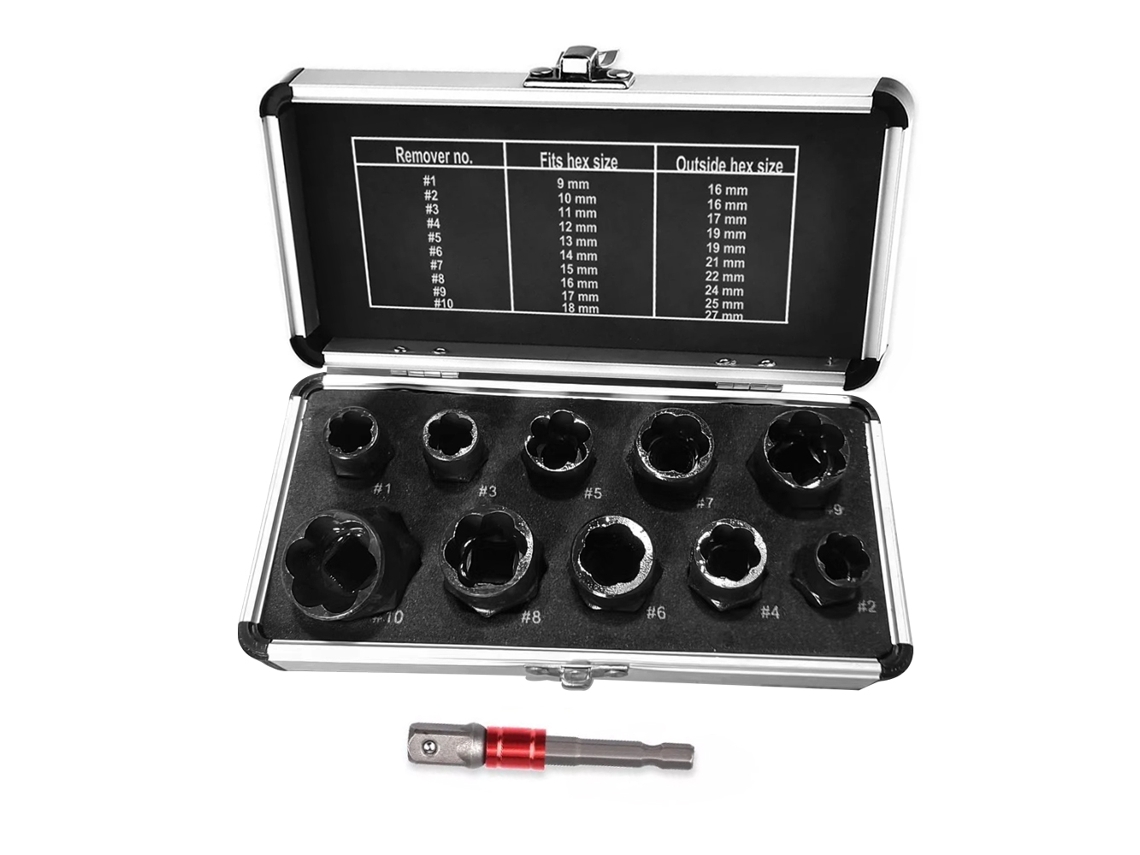Kit De Extração De Porcas E Parafusos De Impacto 11 Peças 9-19mm Com Adaptador De Bico E Caixa De Armazenamento De Alumínio