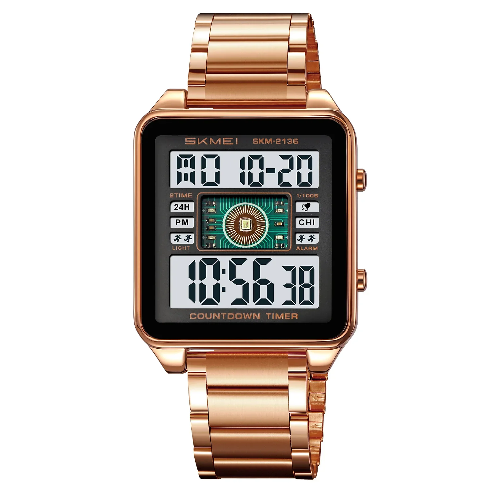 Relógio Digital Masculino MDUG com Cronômetro Regressivo em Aço Inoxidável e Movimento Eletrônico (ouro rosa/branco)