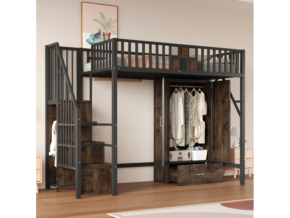 Cama Alta 90x200 Metal Preto Madeira Guarda-roupa Gavetas Escada