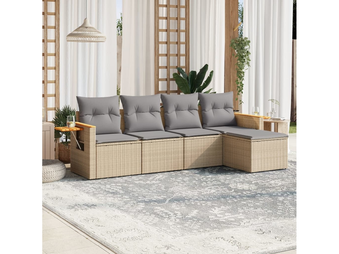 Conjunto de 5 Sofás para Jardim com Almofadas Vime Pe Bege Dkd Home Decor