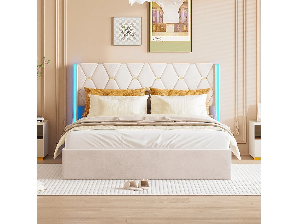 Cama Estofada 160x200 Cm com Iluminação Led, Elevação Hidráulica, Arrumação, Ripas, Bege, SIMURQ