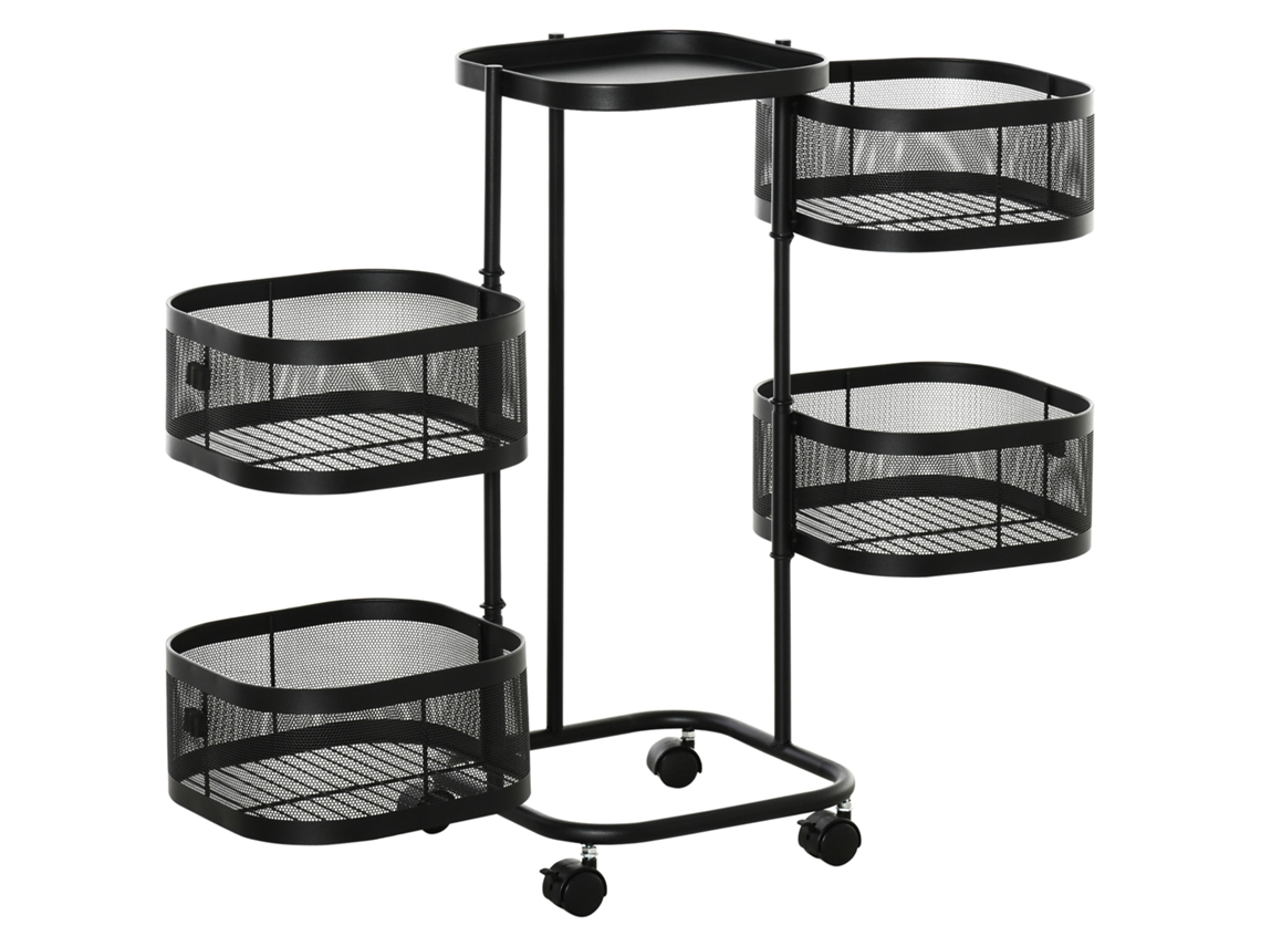 Carrinho Giratório De 4 Níveis Com Rodas, Preto, 33x33x77 Cm
