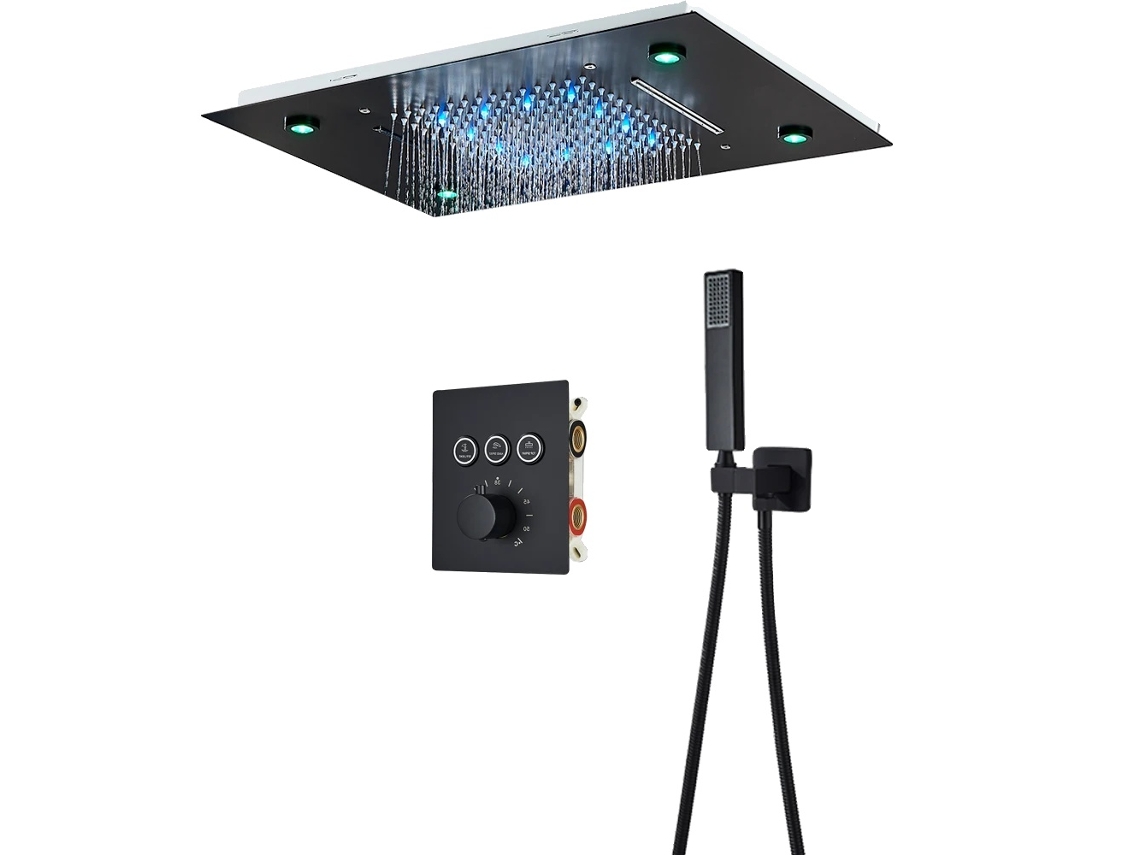 Chuveiro De Chuva Led, Controle Termostático, Cabeça De Chuveiro De Latão 3650cm, Conjunto Preto Fosco Oem