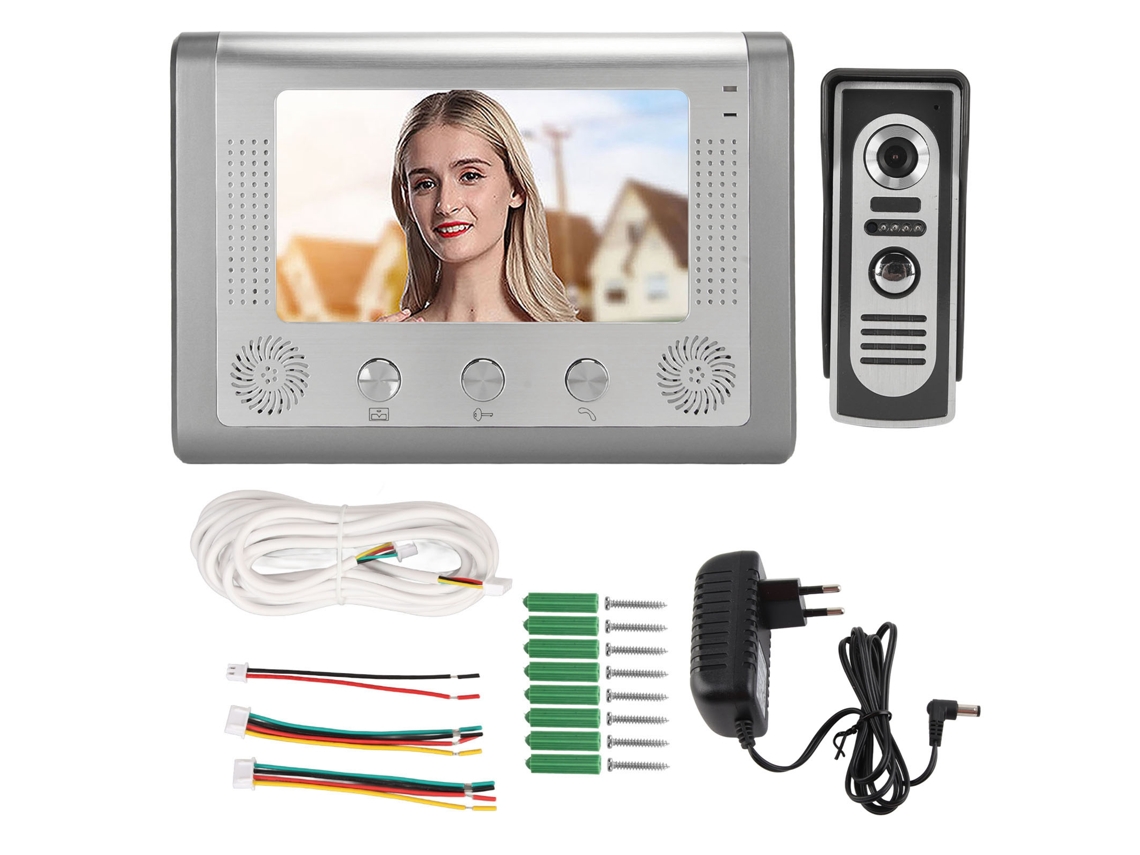 Kit Interfone de Vídeo Fio 7 Polegadas com Monitoramento Destravamento e Visão Noturna Ir Plugue Eu