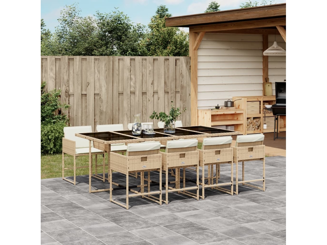 Vidaxl 9 Pcs Conjunto De Jantar P/ Jardim Com Almofadões Vime Pe Bege