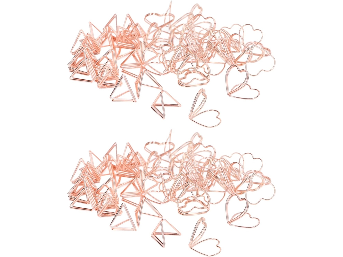 100 Clipes de Papel em Vários Formatos, Triangulares e em Formato de Coração, Clipes Metálicos 3D de Dupla Camada em Ouro