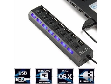 Adaptador de carregador multi USB 2.0 com 7 portas Adaptador de alta velocidade com interruptor liga/desliga para laptop/PC Strasse Tech