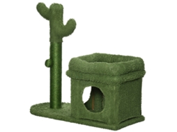 Árvore Arranhador Desenho De Cacto Com Cama Casa De Pelúcia Poste De Sisal E Bola Suspensa 68x30x67cm Verde