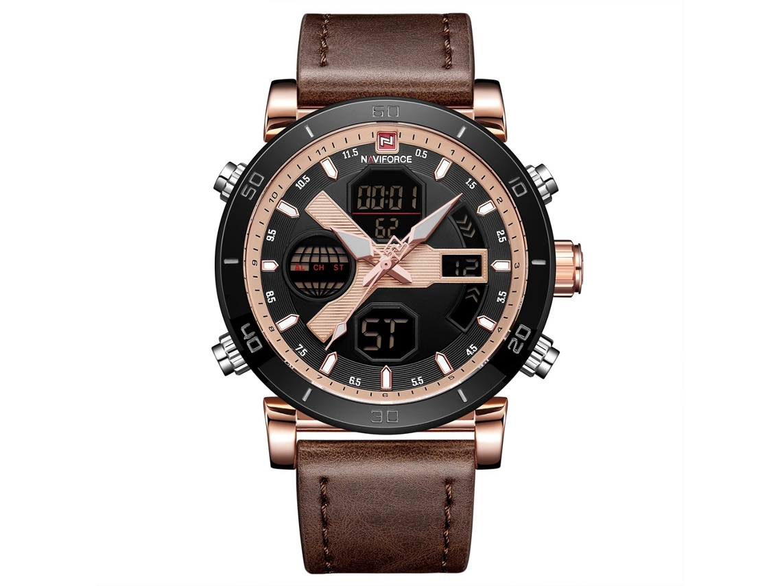 Relógio Masculino de Quartzo Eletrônico com Pulseira de Couro 3atm À Prova D'água Rose Gold Black