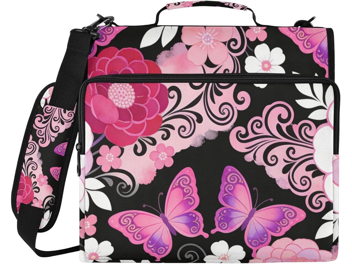 Pasta De Escritório Com 3 Argolas, Estampa Floral Rosa Boêmia Com Borboletas E Alça Inclui Bolso Zíper, Organizador
