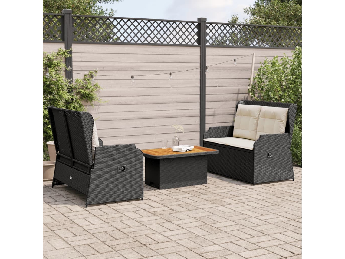 Vidaxl 3 Pcs Conjunto Lounge De Jardim C/ Almofadões Vime Pe Preto