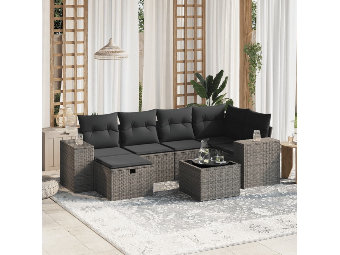 Vidaxl 7 Pcs Conj. Sofás Jardim Com Almofadões Vime Pe Cinzento-claro