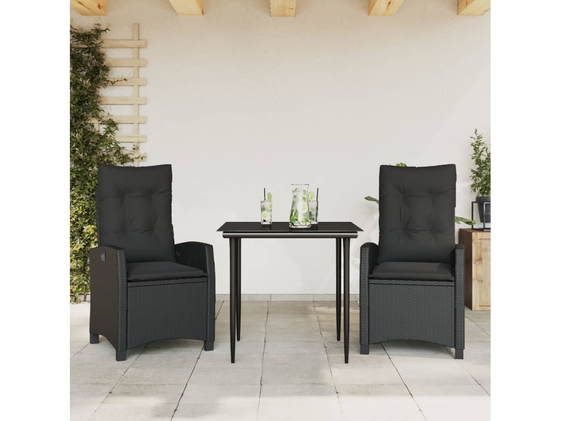 Vidaxl 3 Pcs Conjunto de Jantar P/ Jardim C/ Almofadões Vime Pe Preto