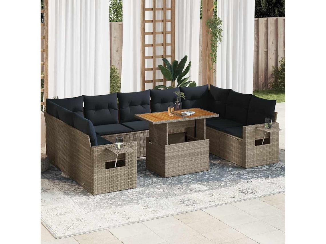 Vidaxl 10 Pcs Conjunto Sofás De Jardim C/ Almofadões Vime Pe Cinzento