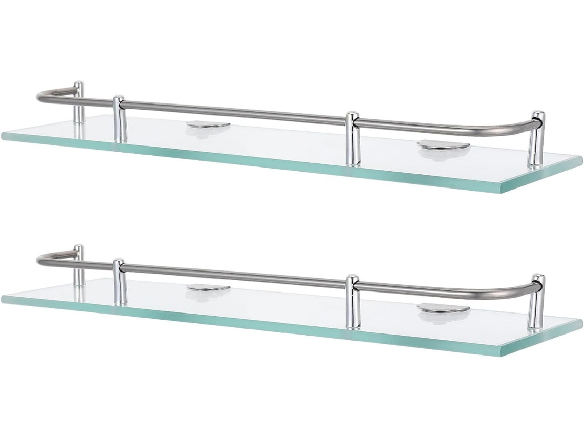 Lifkome Conjunto De 2-prateleiras Retangulares Vidro Para Parede, Em Aço Inoxidável E Vidro Resistente A Quebras, Para