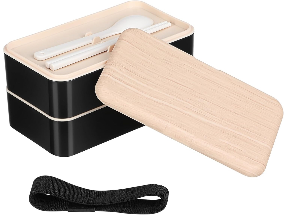 Lancheira Bento Levemolo De Camada Dupla, 1, 2l, Design Nórdico, Material Pp E Madeira, Prática E Fácil De Transportar