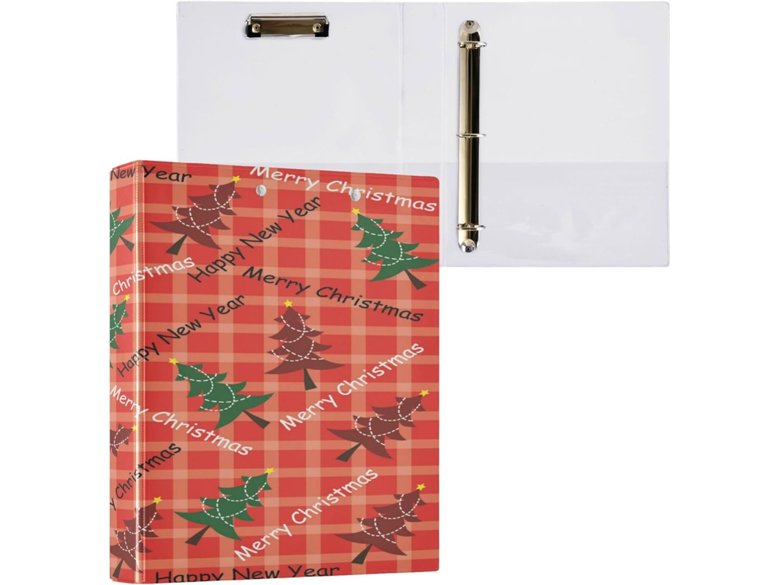 Pasta de 3 Argolas 3,8 Cm com Bolsos Internos, Pacote Meia Unidade para Estudantes, Capa Dura, Árvore Natal 27