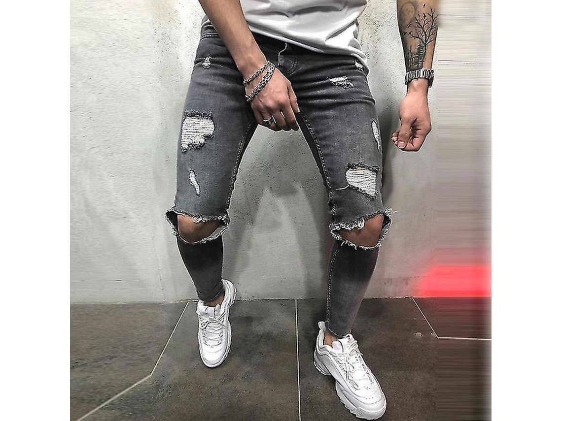 2026 pantalones Vaqueros Skinny Ripped Hombre Con Roturas Y Rasgaduras En Rodillas Tela Elástica Denim Uhv XL Gris
