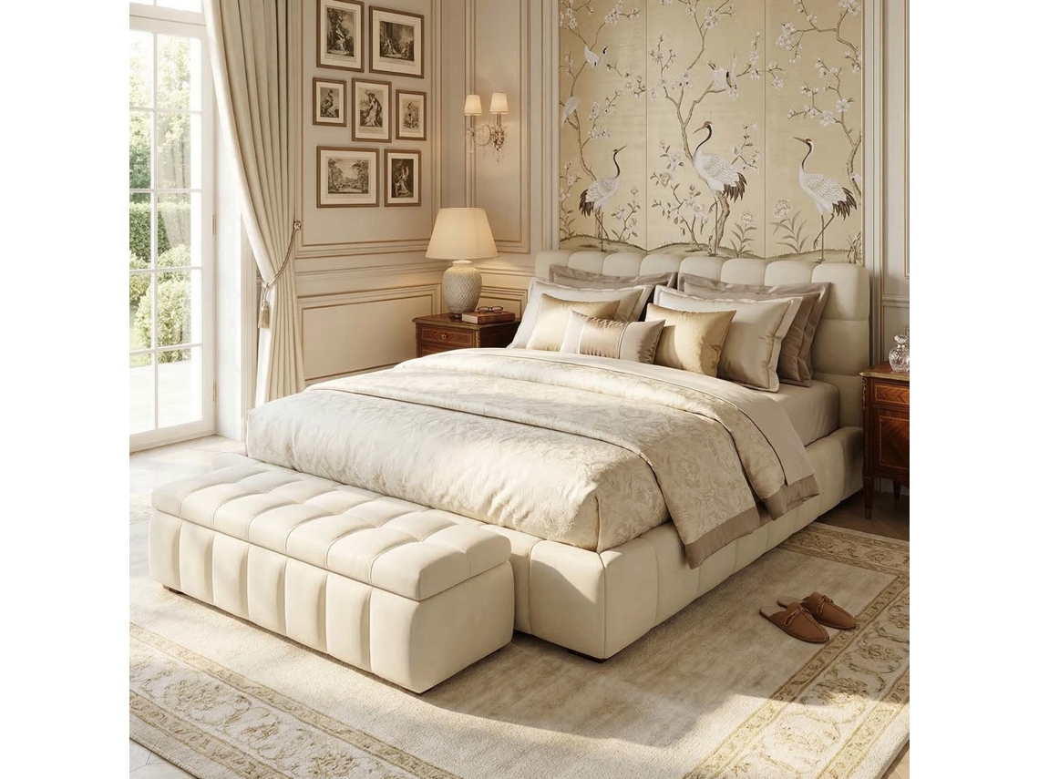 Cama de Casal Estofada em Linho com Design Embutido e Otimização de Espaço, Bege, 140x190 Cm LAZYSPACE