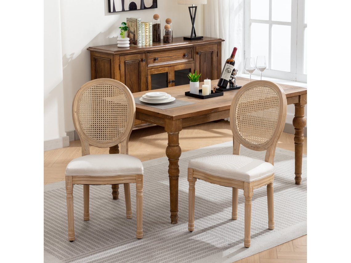 Conjunto 2 Cadeiras Jantar Rattan Madeira Maciça Linho Creme Bege
