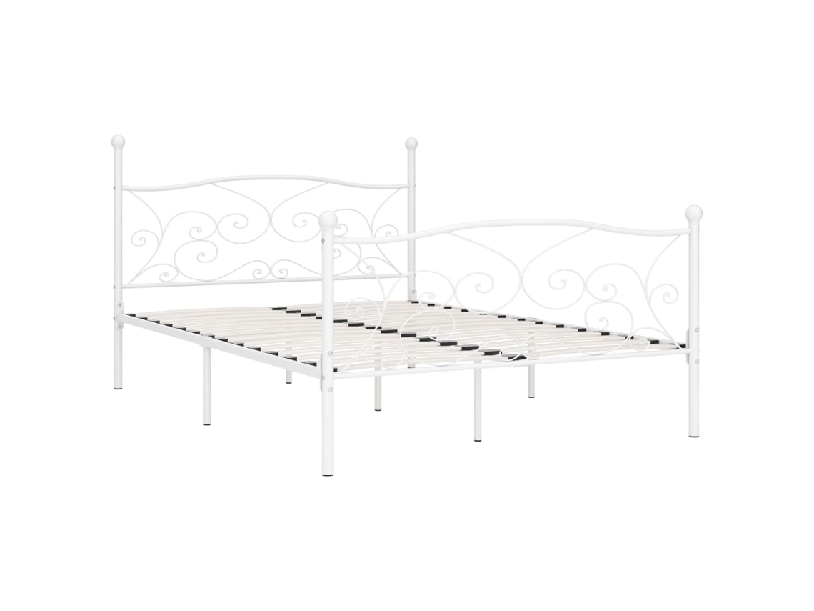 Cama De Casal | Camas Para Quarto | Estrutura De Cama Com Estrado De Ripas 140x200 Cm Metal Branco
