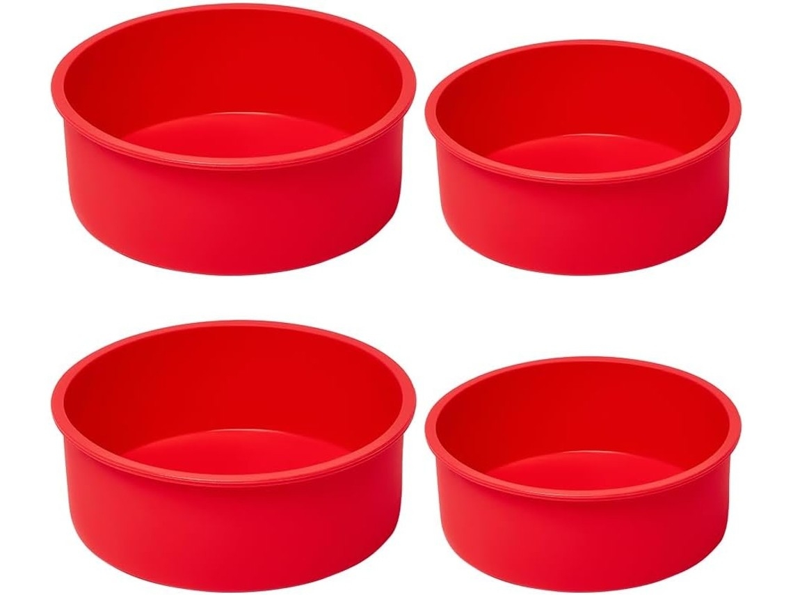 Conjunto De 4 Formas Redondas De Silicone Para Bolo, 2 De 15 Cm E 2 De 20 Cm, Vermelhas.