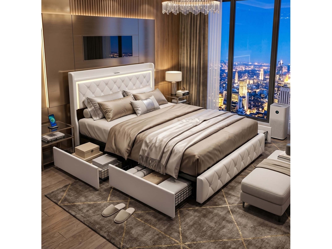 Cama de Casal Veludo com Led RGB e Carregador 160x200cm LAZYSPACE