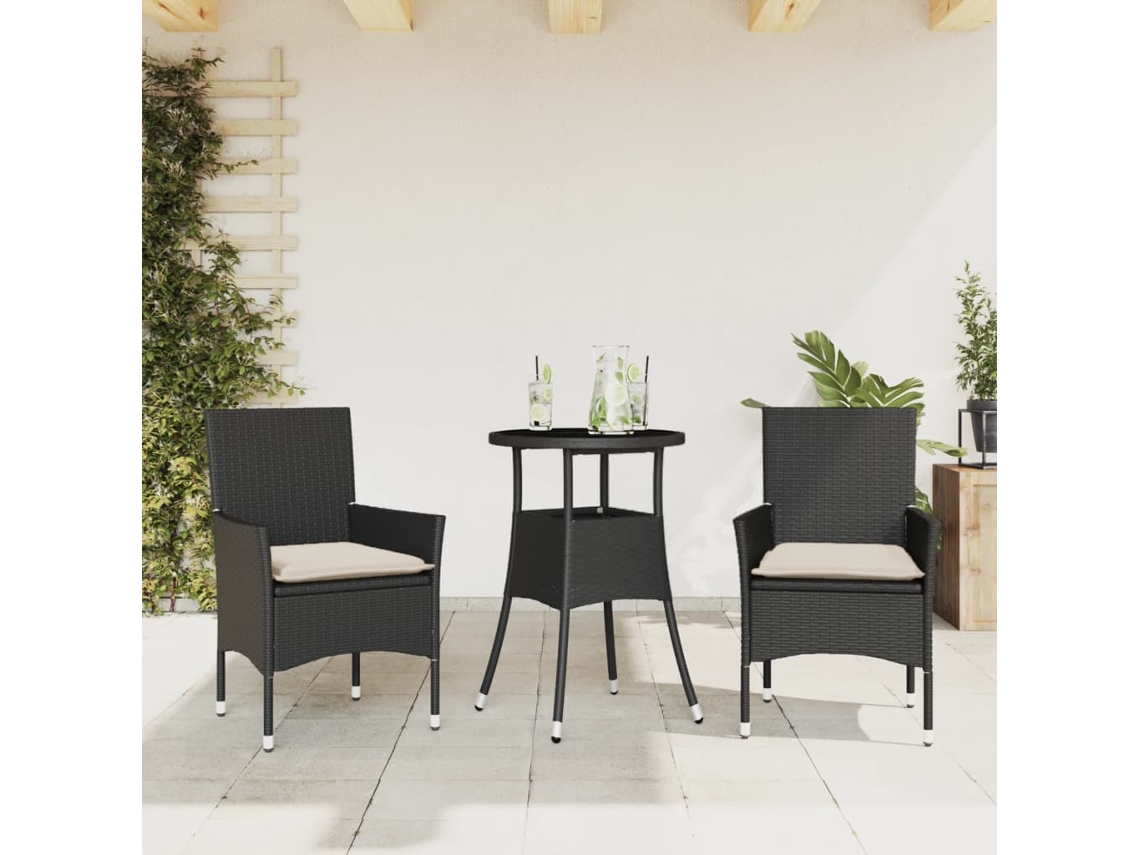 Conjunto 3 Peças Jantar Jardim C/ Almofadões Vime Pe/vidro Preto Dkd Home Decor