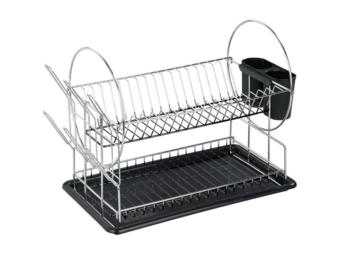 2026 porta Pratos Organizador de Cozinha com Bandeja de Talheres e Suporte de Pratos, Metal, 42.5*36*23cm, Prata/preto