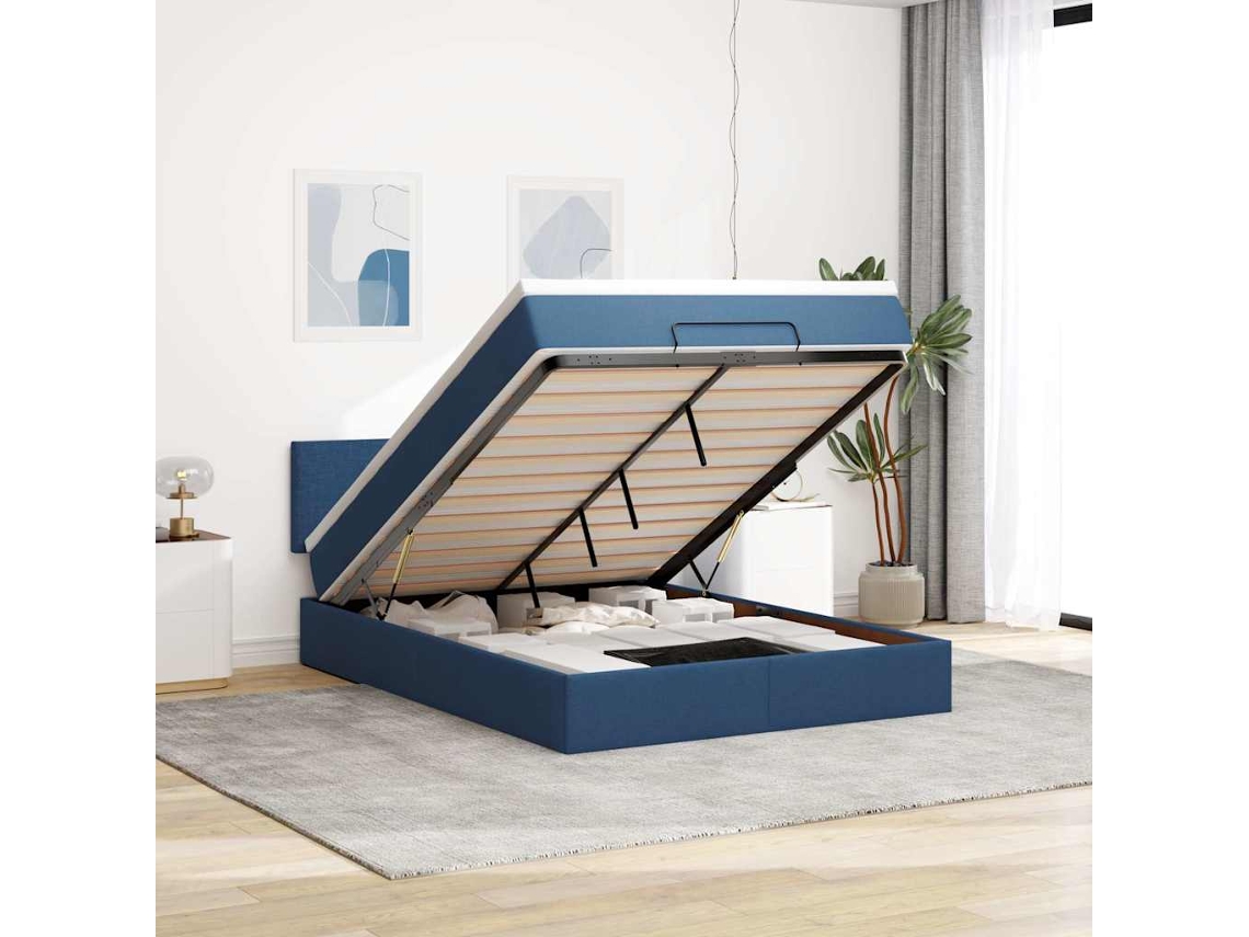 Vidaxl Estrutura De Cama Otomana Com Colchão Tecido Azul 140x200cm