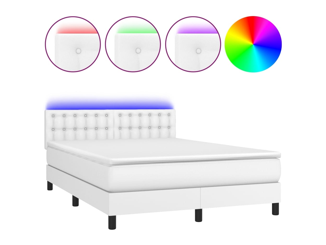 Cama Box Spring com Colchão e Led Couro Artificial Branco MAISON EXCLUSIVE (140x200 cm)