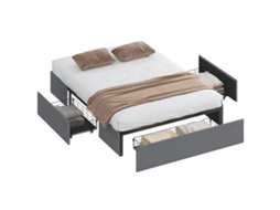 Cama de Casal Estofada Cinza (3 Gavetas, Baixo, Sem Ruído, 140x190 Cm)