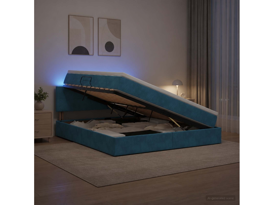 Vidaxl Cama De Armazenamento Led Com Colchão Azul Escuro 160 X 200 Cm