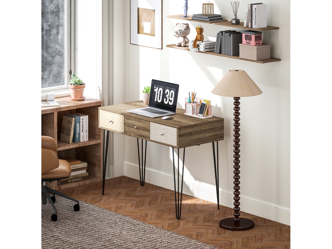 Secretária Estilo Boémio Mesa Com 3 Gavetas E Pés De Ferro Para Escritório Dormitório Tocador 105x50x75 Cm Madeira