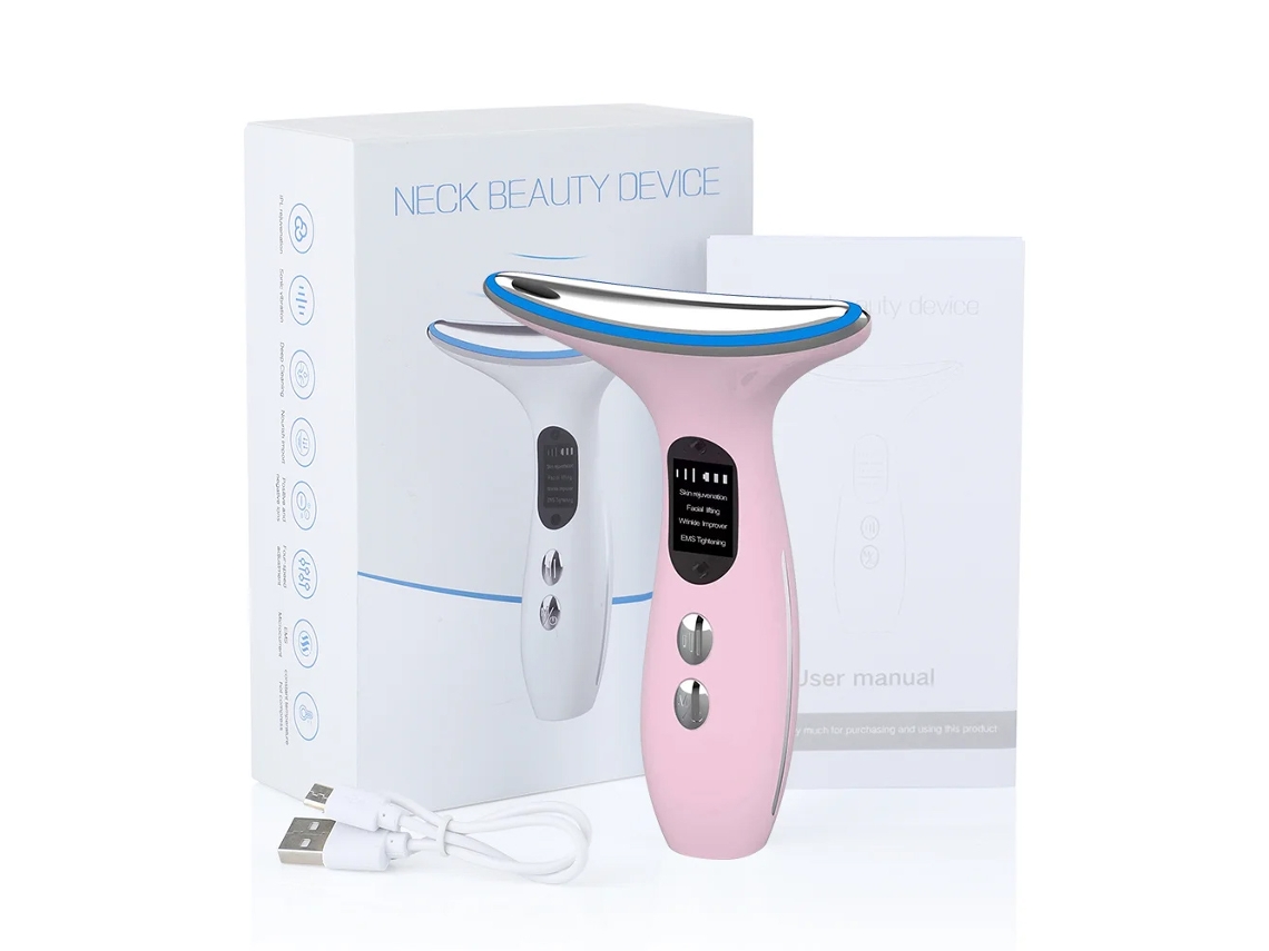 Massageador Ems para Pescoço e Rosto , Luzes Led Tricolores, Vibração Elétrica, Aquecimento e Pressurização, Bateria Incluída. MDUG (rosa)