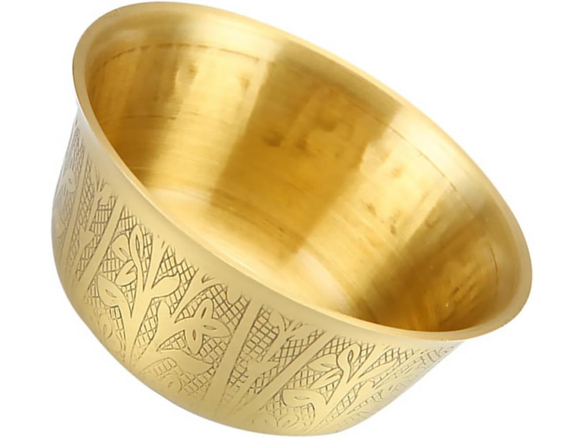 Decoração Redonda Bordas Finamente Polidas Budista Feita Cobre Dourado Desenhos Esculpidos Mesa Uso GOKOCO