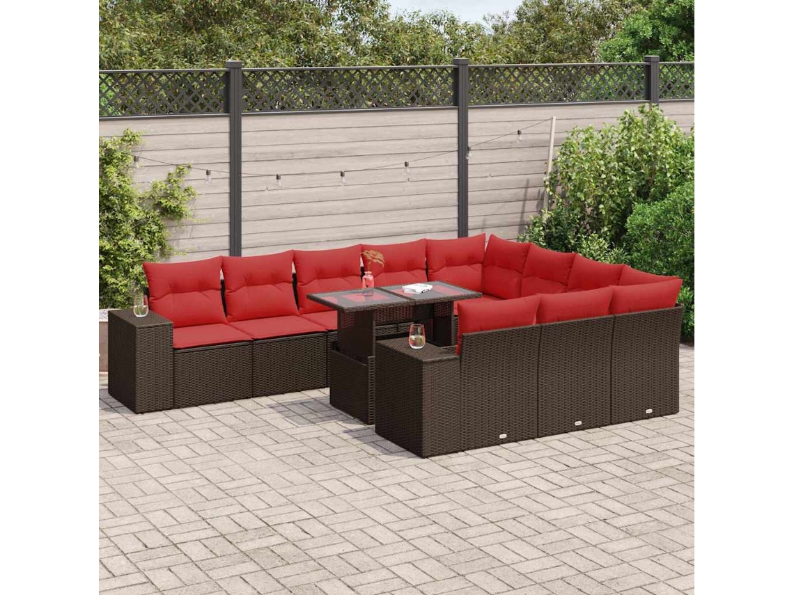 Vidaxl 11 Pcs Conj. Sofás Jardim C/ Almofadões Vime Pe/acácia Castanho