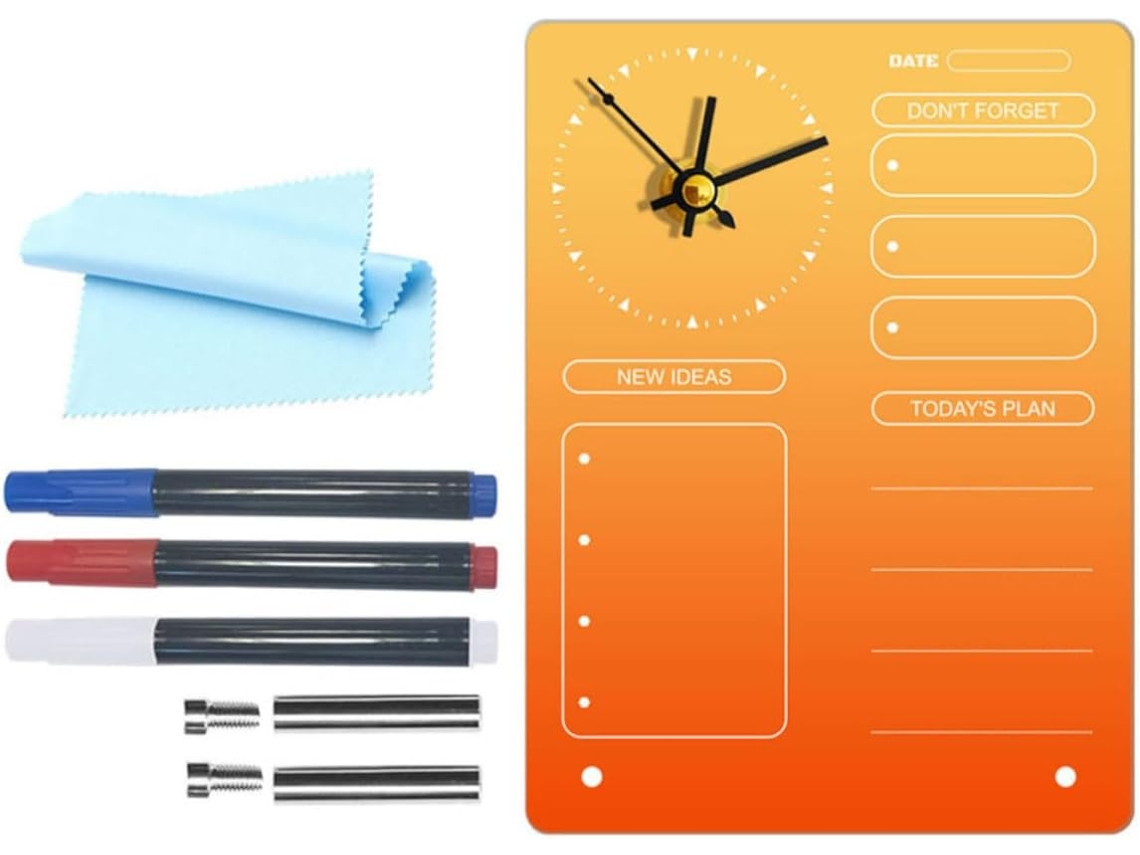 Tableau De Planification Effaçable À Sec En Acrylique Com Horloge Intégré Multifuncional Para Bureau