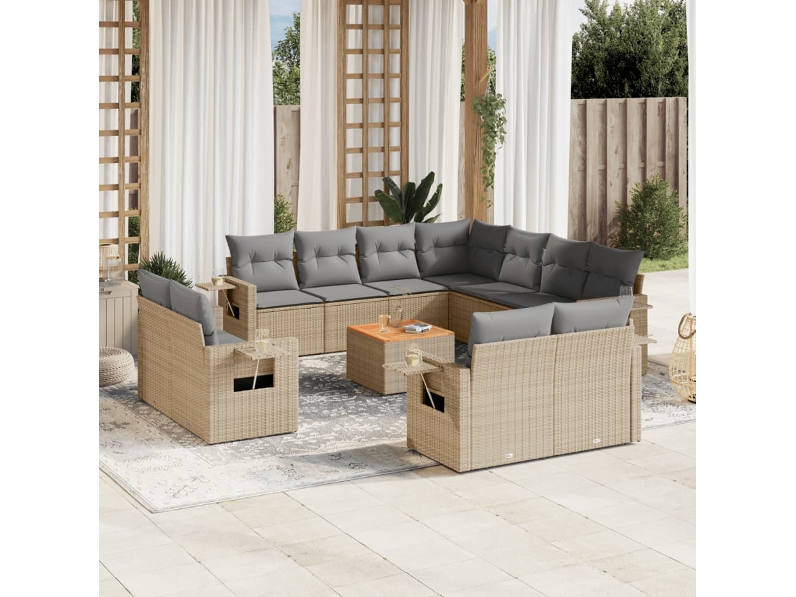 Vidaxl 12 Pcs Conjunto De Sofás P/ Jardim Com Almofadões Vime Pe Bege