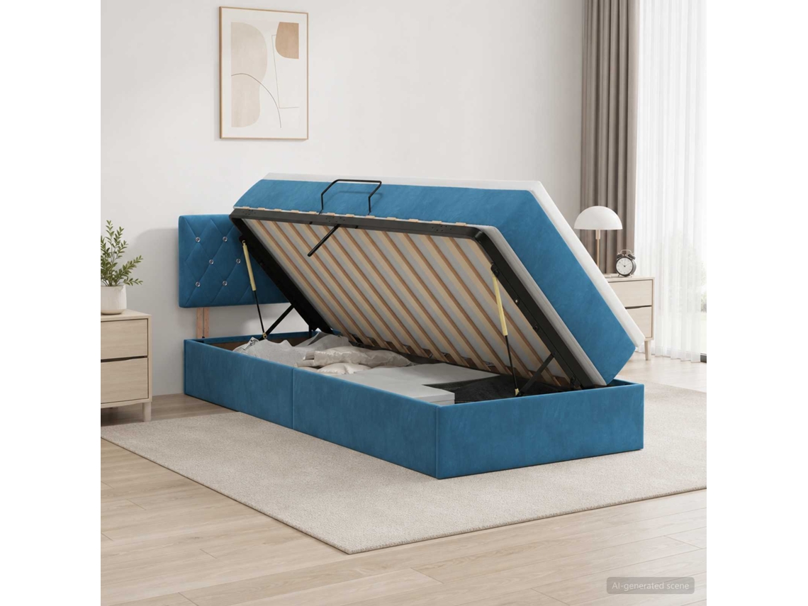 Vidaxl Cama Com Armazenamento Azul Escuro 100 X 200 Cm Veludo
