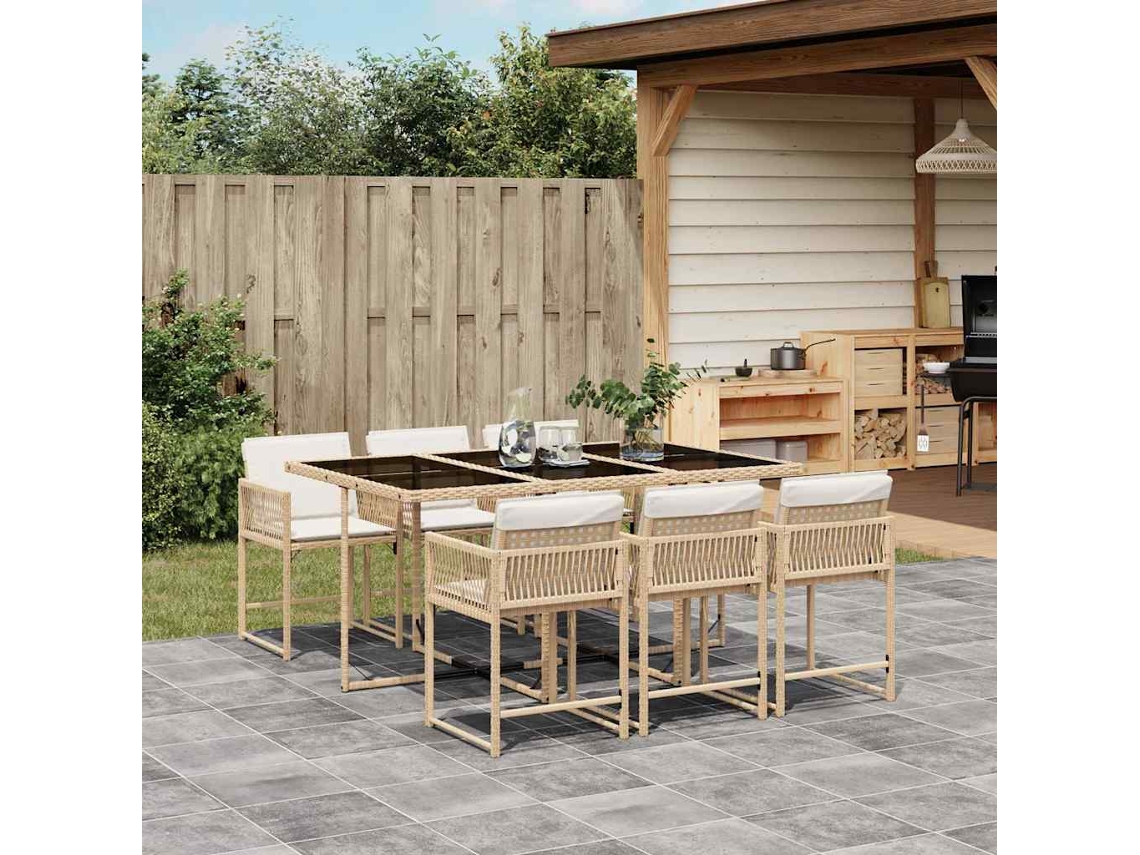 Vidaxl 7 Pcs Conjunto De Jantar P/ Jardim Com Almofadões Vime Pe Bege