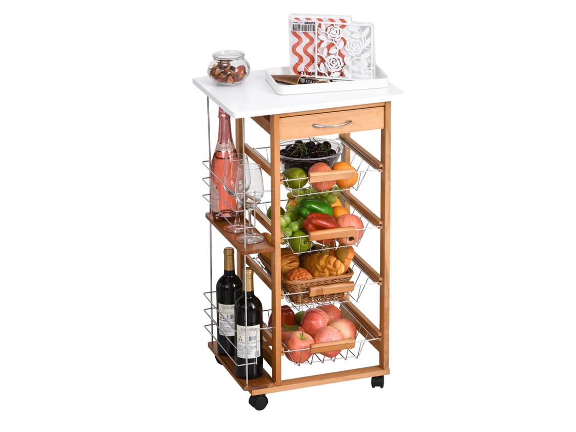 Carrinho de Cozinha Mdf, Madeira de Pinho e Metal Cor Cor de Madeira Natural 47x37x83 cm Homcom